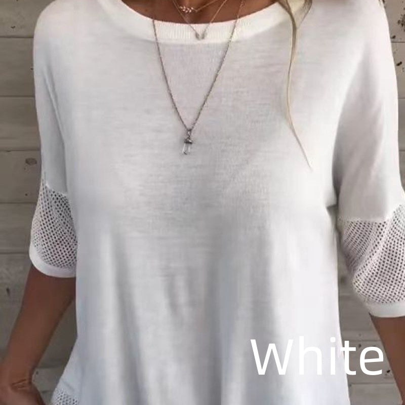 Camiseta casual para mujer Clarisse de color sólido con cuello redondo y manga 3/4