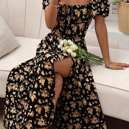 Calyx - Vestido artístico con estampado floral y mangas abullonadas