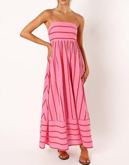 Elsie - Vestido largo de tirantes con cuello en V y rayas para mujer