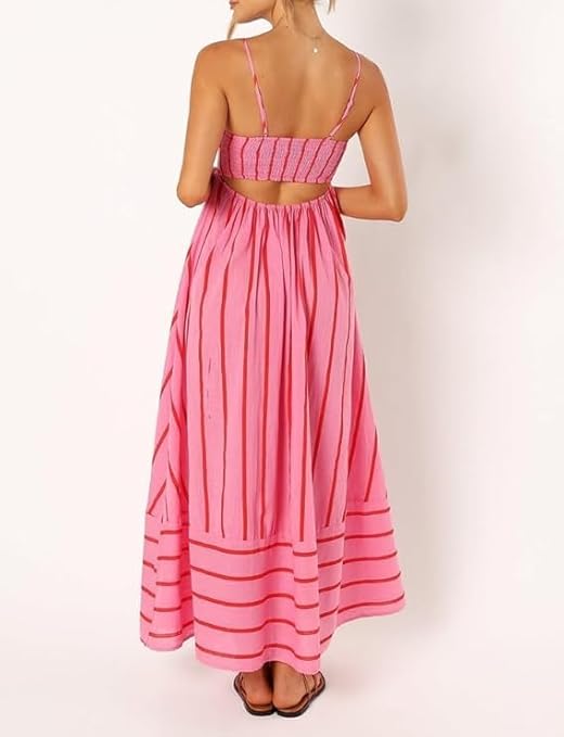 Elsie - Vestido largo de tirantes con cuello en V y rayas para mujer