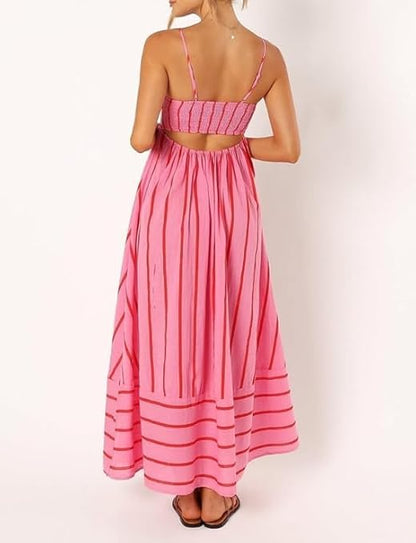 Elsie - Vestido largo de tirantes con cuello en V y rayas para mujer