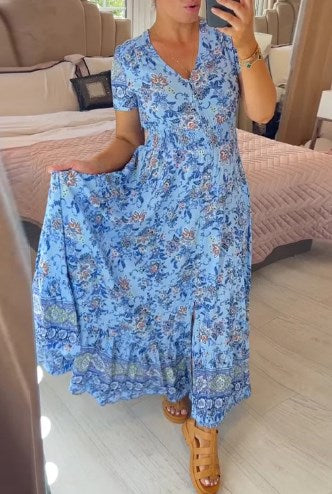 Ellie - Vestido elegante floral con escote en V y dobladillo plisado