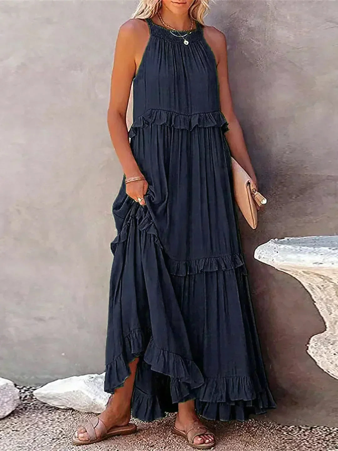 Delilah - Vestido elegante con cuello halter y ribete de volantes