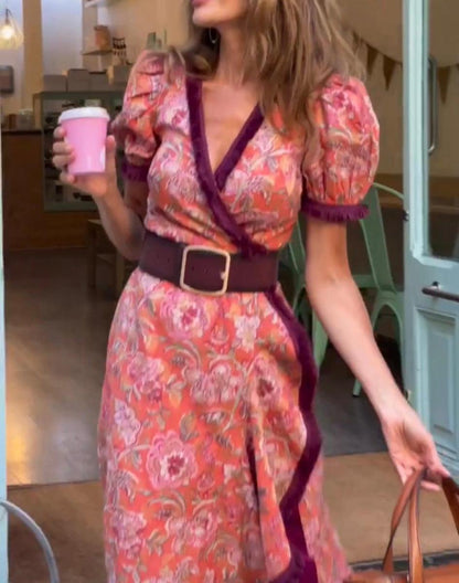 Hailey - Vestido Maxi Elegante Rosa de Manga Corta