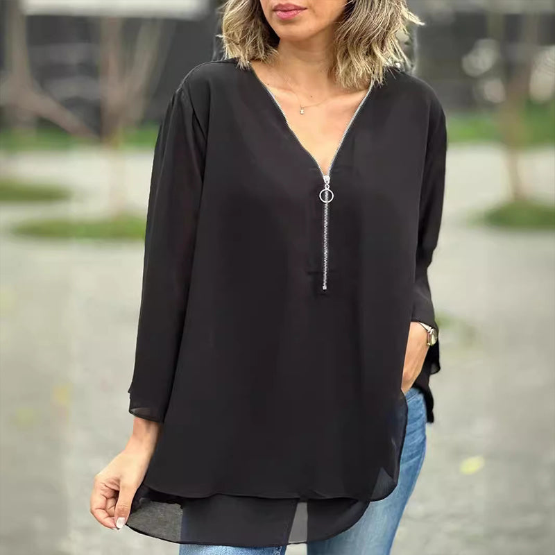 Janine | Blusa de manga con media cremallera fluida