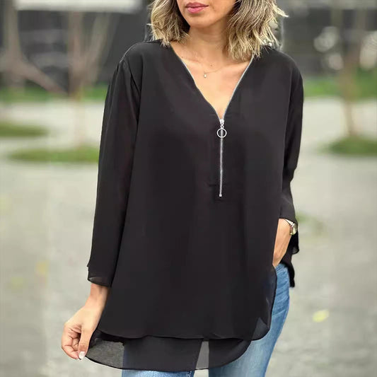 Janine | Blusa de manga con media cremallera fluida