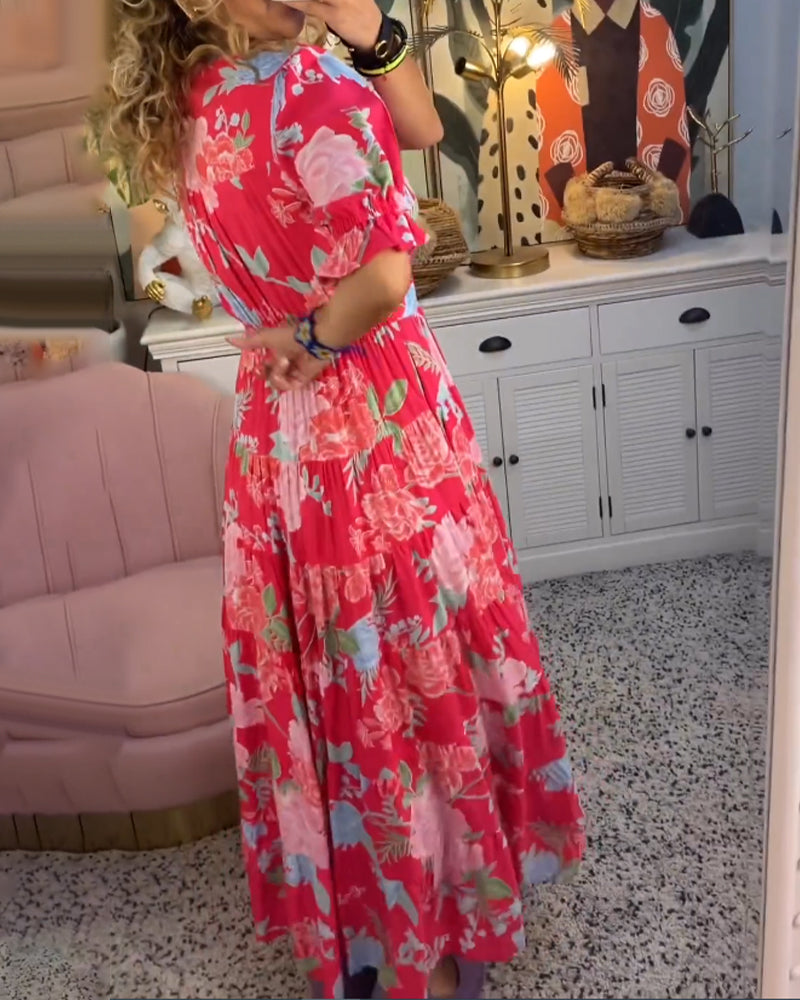 Reagan - Vestido largo floral con escote en V y mangas cortas