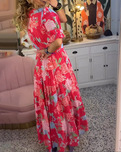 Reagan - Vestido largo floral con escote en V y mangas cortas
