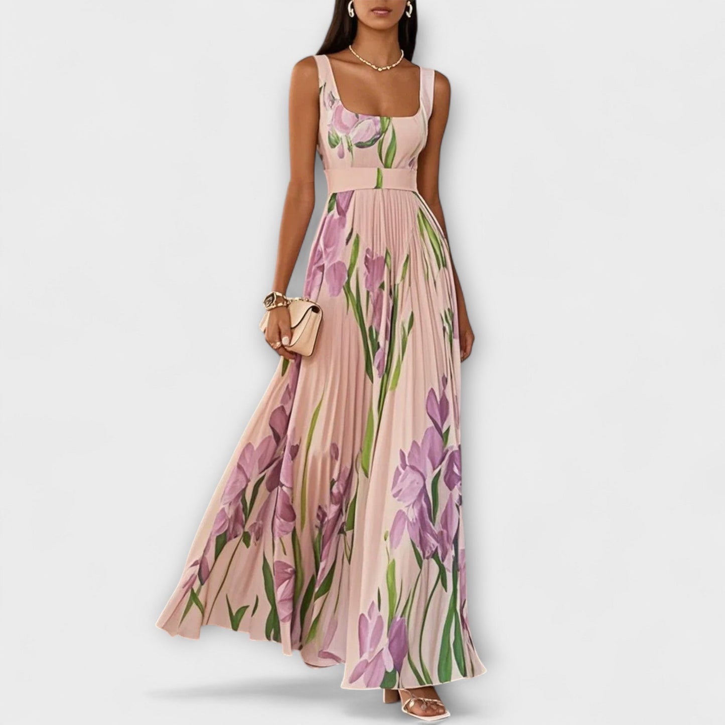 Abito lungo in chiffon floreale piegato