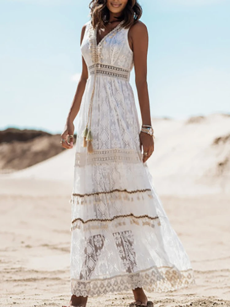 Emerson - Vestido Bohemio Vintage con Cordón y Borlas