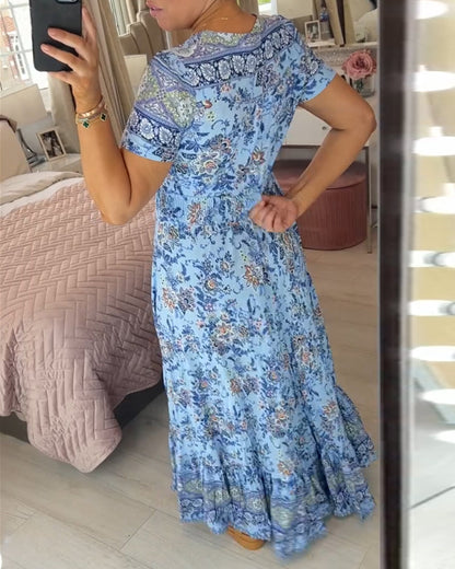 Ellie - Vestido elegante floral con escote en V y dobladillo plisado