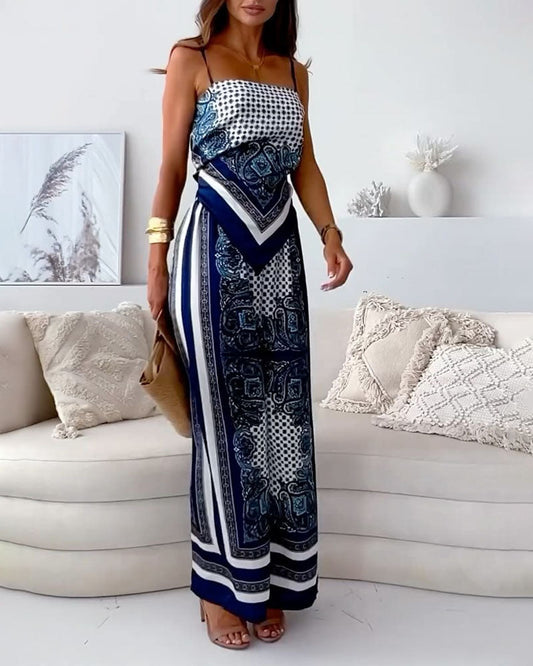 Conjunto de top sin mangas estampado y pantalones elegantes SYD