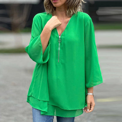 Janine | Blusa de manga con media cremallera fluida