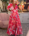 Reagan - Vestido largo floral con escote en V y mangas cortas