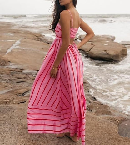Elsie - Vestido largo de tirantes con cuello en V y rayas para mujer