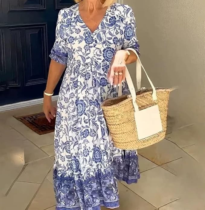 Mavis - Vestido largo bohemio floral elegante con escote en V