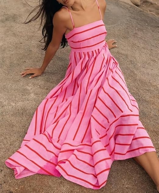 Elsie - Vestido largo de tirantes con cuello en V y rayas para mujer