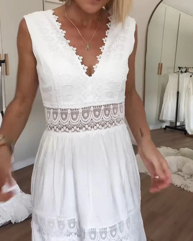 La Creme | vestido maxi blanco encaje escote en V bohemio volantes