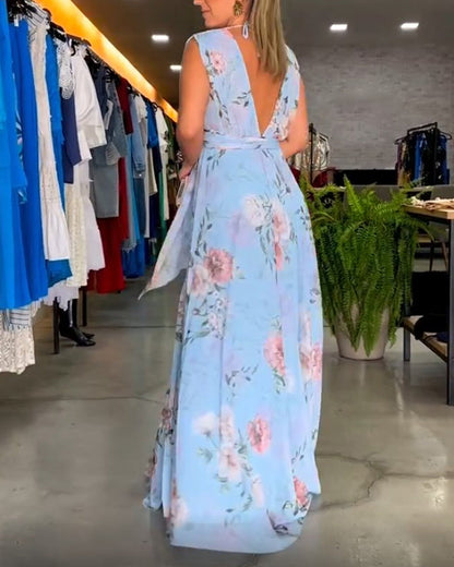 Gia - Vestido largo sin mangas con estampado floral y abertura en el dobladillo