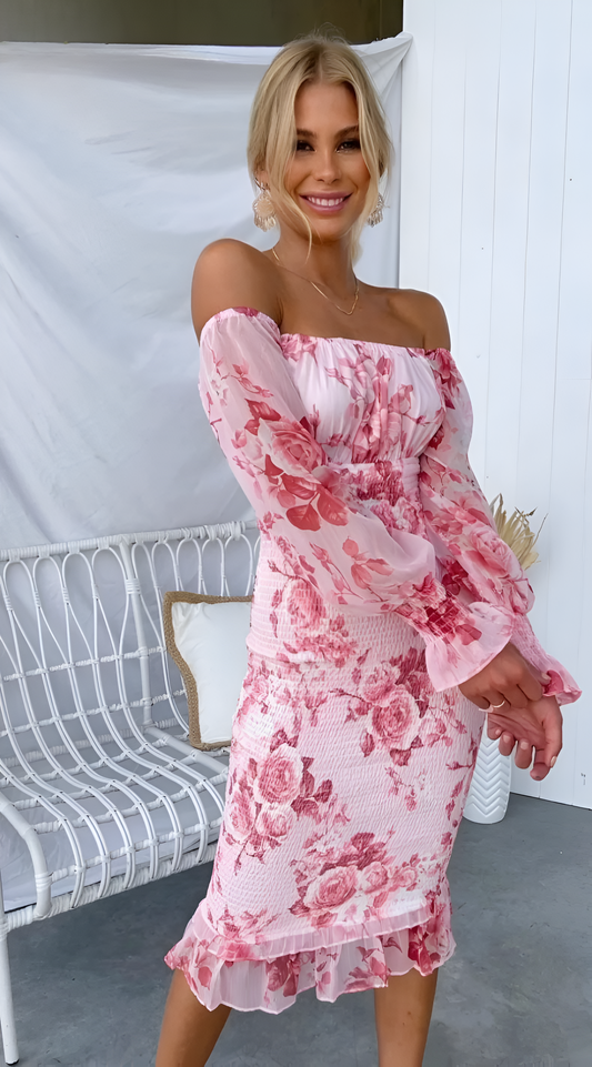 Nadia - Vestido midi floral con hombros descubiertos y cintura fruncida