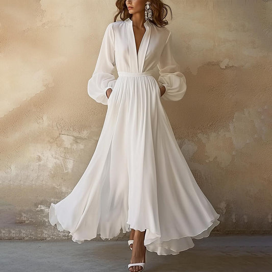 Laura - Vestido maxi blanco de inspiración vintage con escote en V