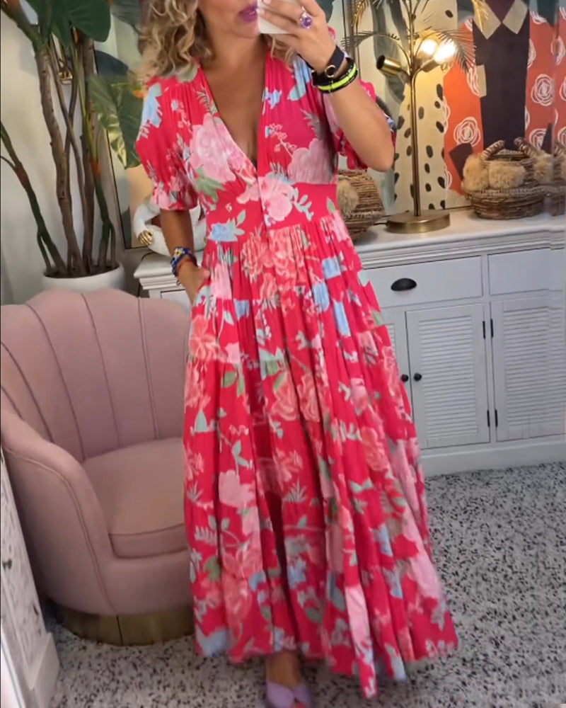 Reagan - Vestido largo floral con escote en V y mangas cortas