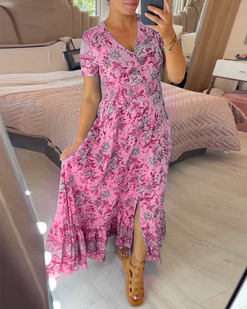 Ellie - Vestido elegante floral con escote en V y dobladillo plisado