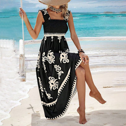 Valentina - Vestido de playa sin mangas con cuello cuadrado chic y estampado