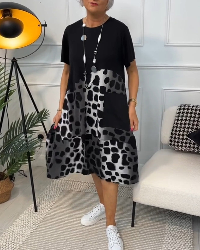 Allison - Vestido midi elegante de manga corta con estampado de leopardo