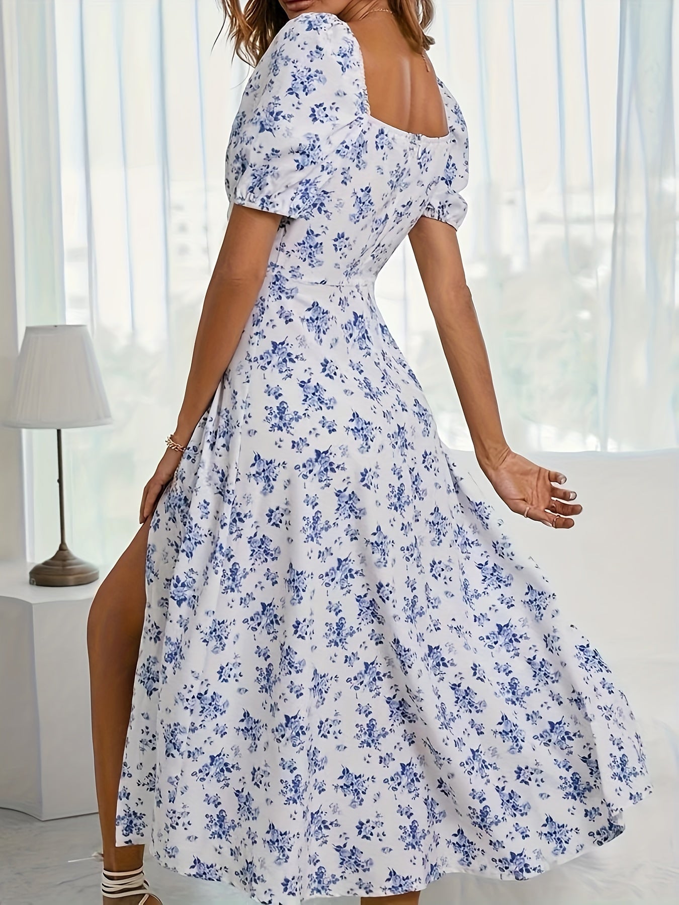 Calyx - Vestido artístico con estampado floral y mangas abullonadas