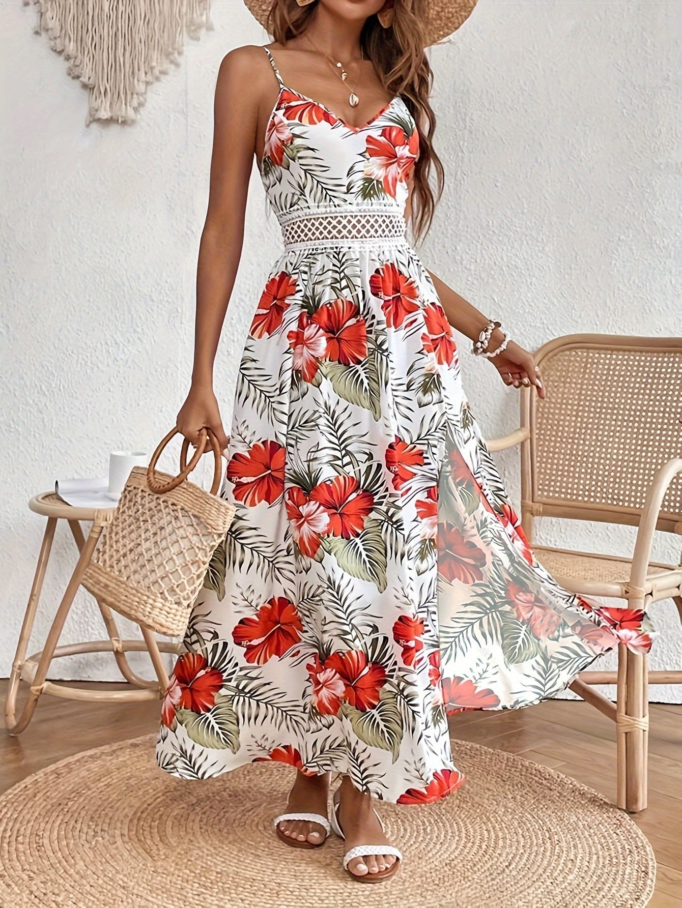 Maple - Vestido largo con tirantes y escote en V floral