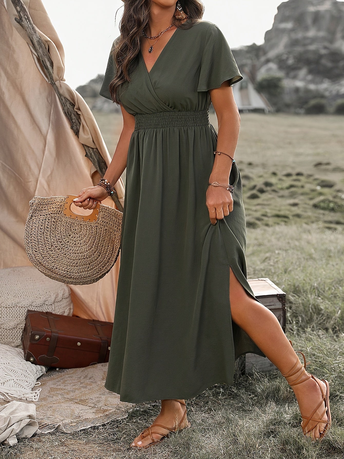 Margo - Vestido Maxi con Manga Corta Acampanada y Abertura Lateral