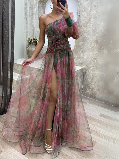 Everleigh | Vestido maxi floral de un solo hombro