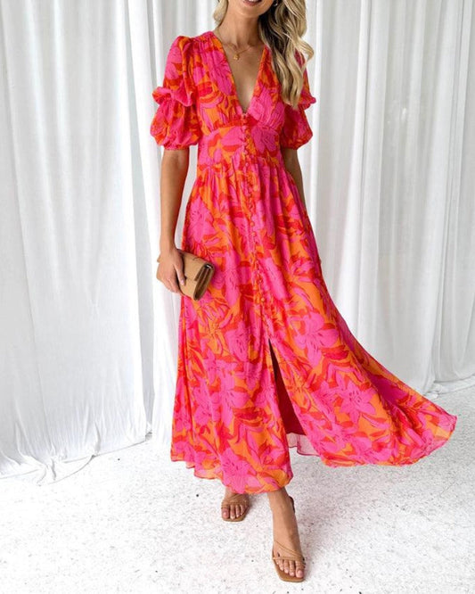 Vestido largo elegante Camille con mangas abullonadas