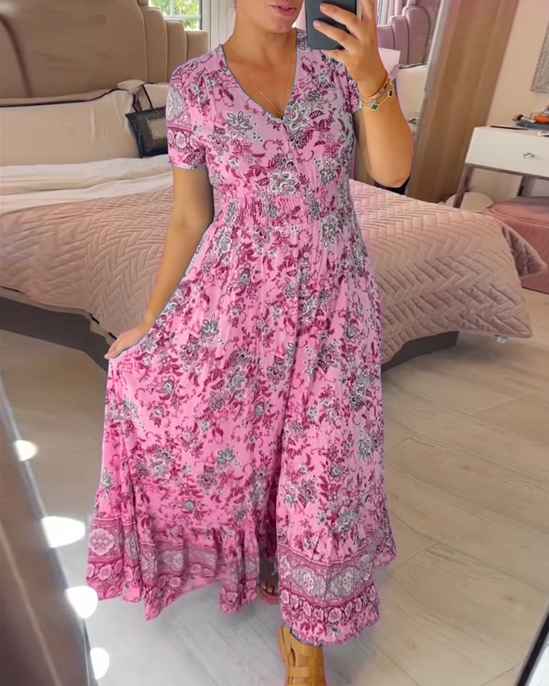 Ellie - Vestido elegante floral con escote en V y dobladillo plisado