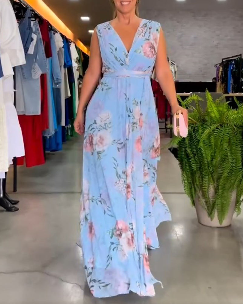 Gia - Vestido largo sin mangas con estampado floral y abertura en el dobladillo