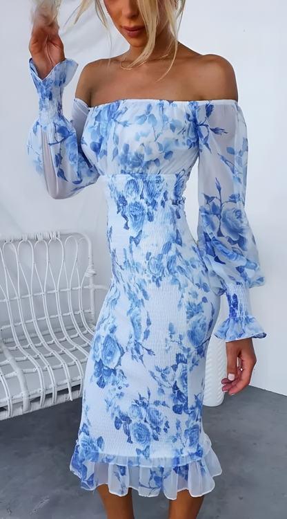 Nadia - Vestido midi floral con hombros descubiertos y cintura fruncida