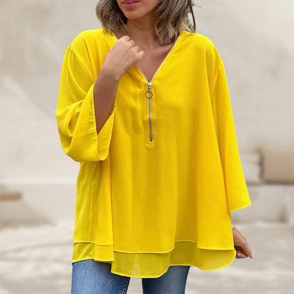 Janine | Blusa de manga con media cremallera fluida