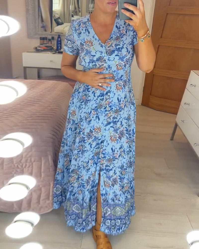 Ellie - Vestido elegante floral con escote en V y dobladillo plisado