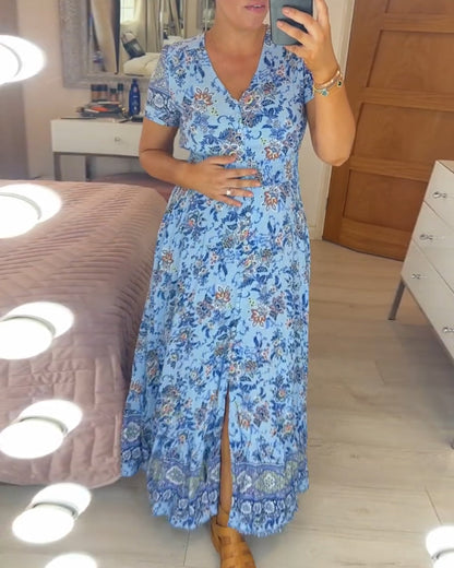 Ellie - Vestido elegante floral con escote en V y dobladillo plisado