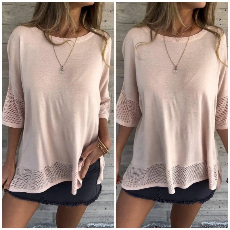 Camiseta casual para mujer Clarisse de color sólido con cuello redondo y manga 3/4