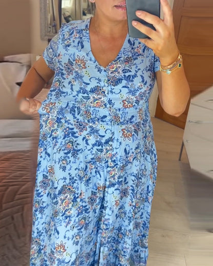 Ellie - Vestido elegante floral con escote en V y dobladillo plisado