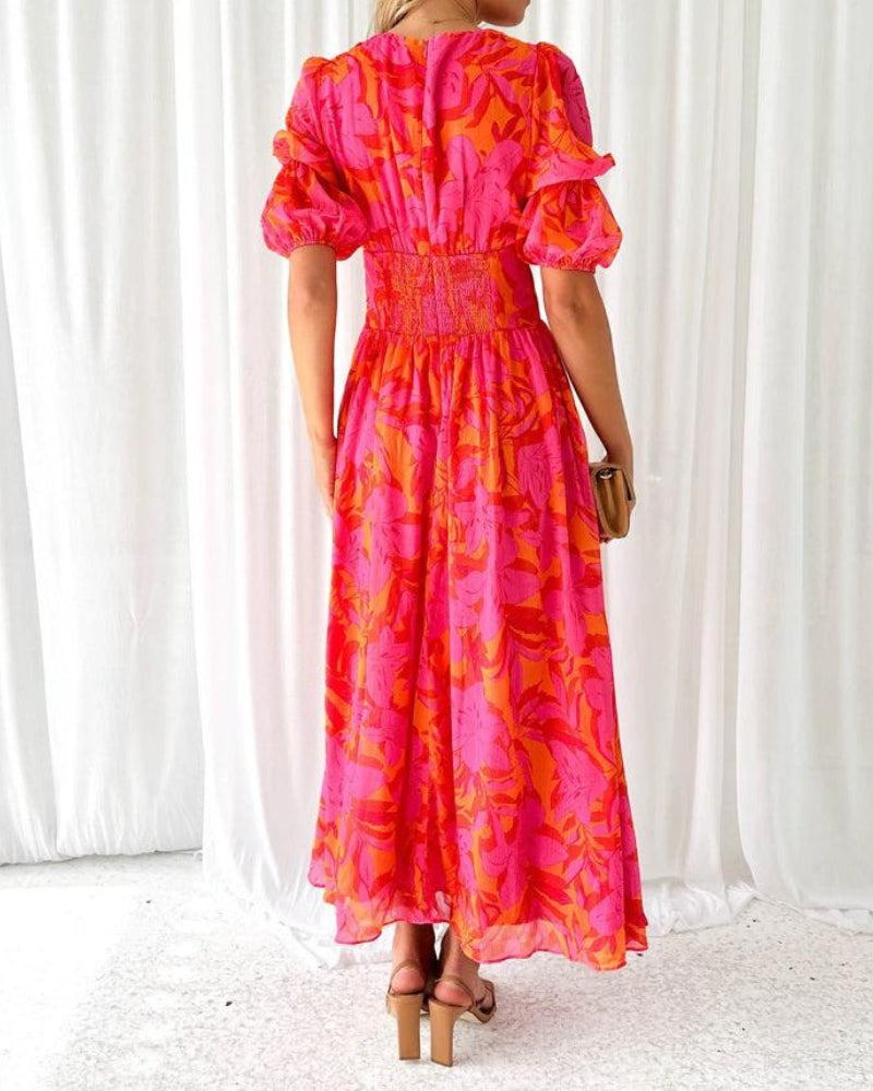 Vestido largo elegante Camille con mangas abullonadas