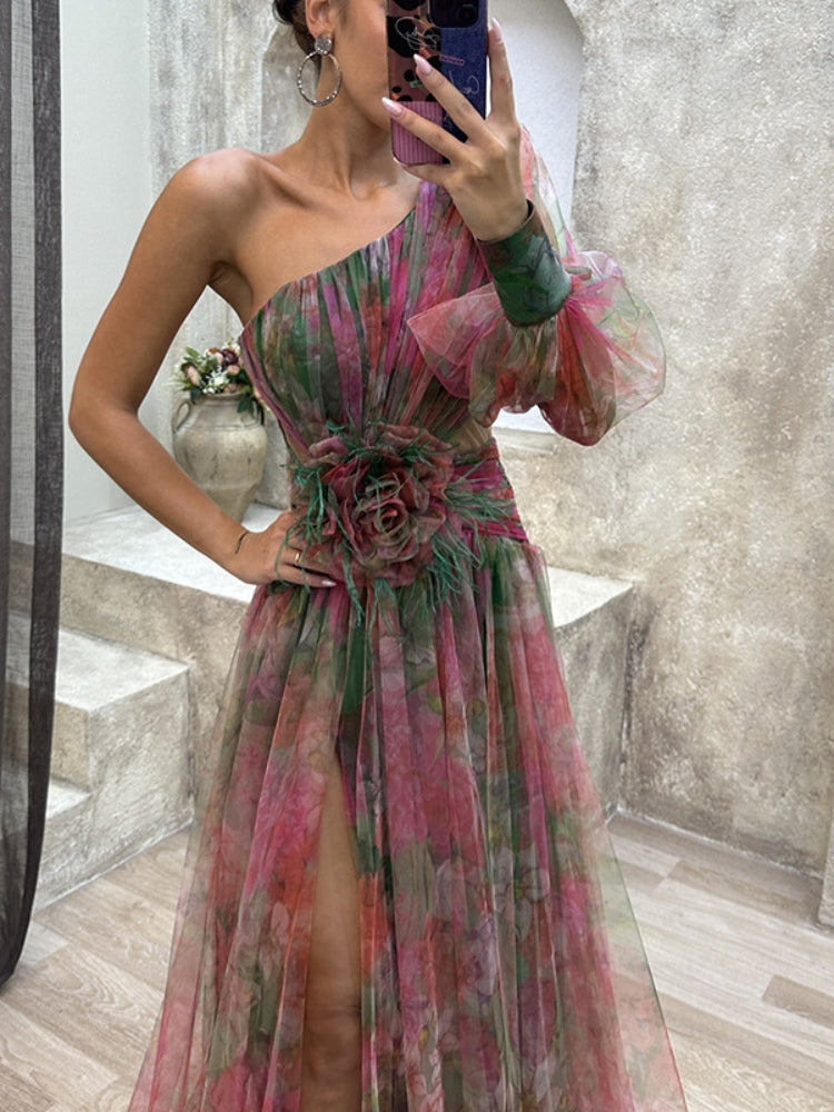 Everleigh | Vestido maxi floral de un solo hombro