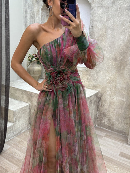 Everleigh | Vestido maxi floral de un solo hombro