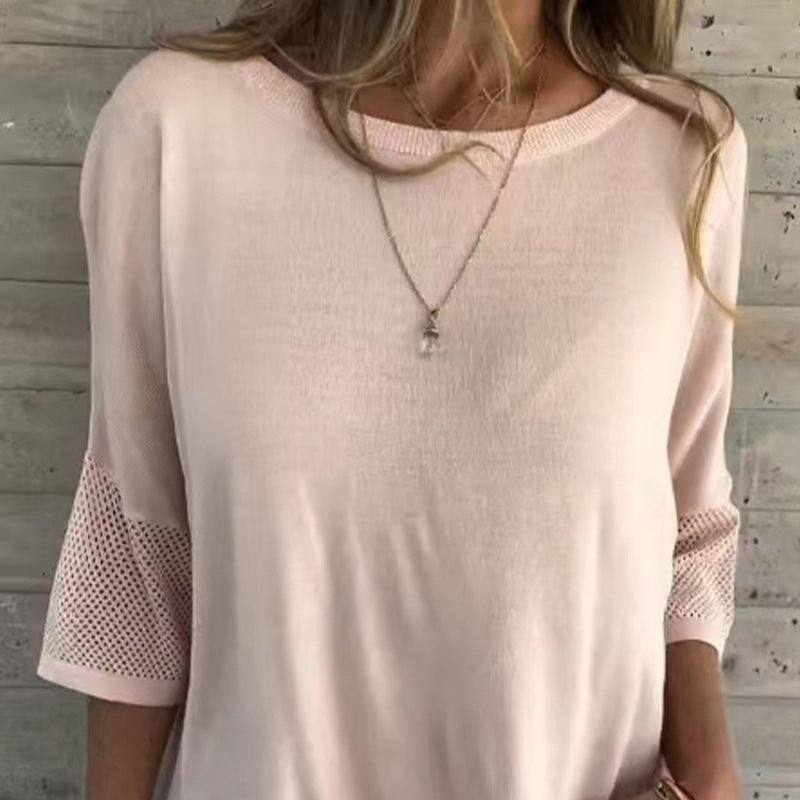 Camiseta casual para mujer Clarisse de color sólido con cuello redondo y manga 3/4
