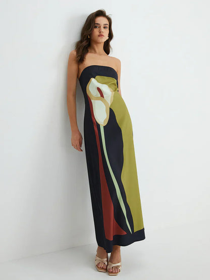 Anastasia | Vestido largo abstracto sin tirantes