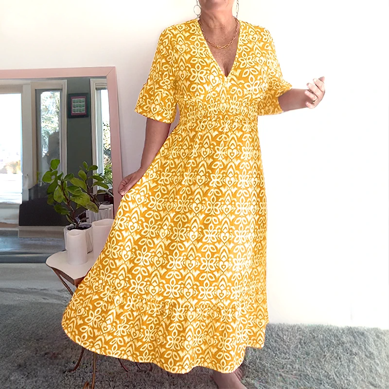 Tamara Bohemio Casual Estampado Cuello en V Cintura Envuelta Vestido Largo