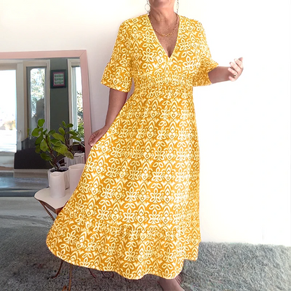 Tamara Bohemio Casual Estampado Cuello en V Cintura Envuelta Vestido Largo