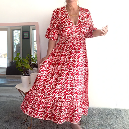 Tamara Bohemio Casual Estampado Cuello en V Cintura Envuelta Vestido Largo